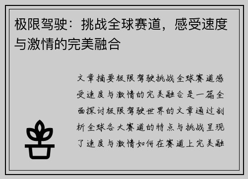 极限驾驶：挑战全球赛道，感受速度与激情的完美融合